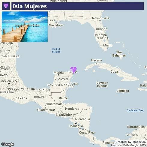 An inset image of a wooden pier extending into clear blue water with the label "Isla Mujeres" is overlayed on a map of the Gulf of Mexico and Caribbean Sea region, showing parts of southern United States, Mexico, Central America, and the northern coastline of South America, along with various islands. Major cities and countries are labeled, while a purple marker indicates the location of Isla Mujeres near the Yucatan Peninsula. The image includes attributions for map data to ©2024 Google and INEGI, and a note stating "Panorama Created by Mappxr.co".