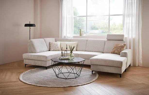 WOHNLANDSCHAFT in Cord Creme  - Creme/Schwarz, KONVENTIONELL, Textil/Metall (185/317/167cm) - Stylife
