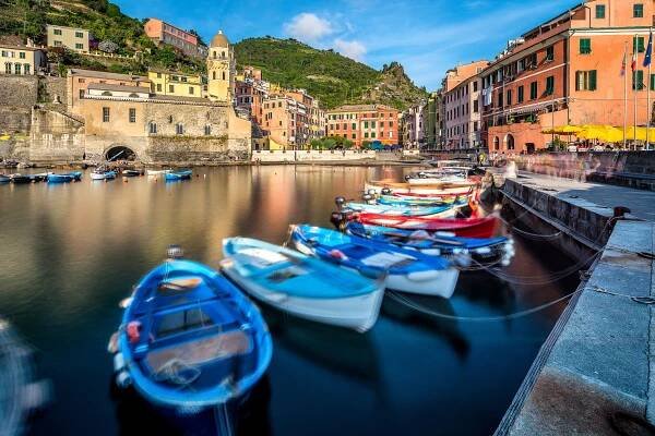 Boats in Vernazza Cinque Terre Italy cityscape