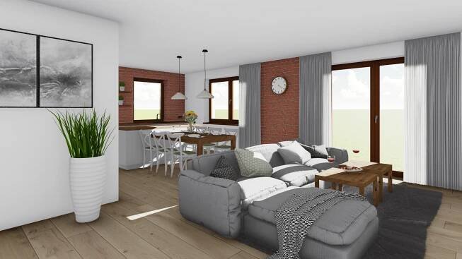 3D Vizualizace obýváku s kuchyní - Tři varianty obložení zdí