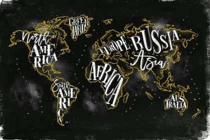 Vintage worldmap s nápis Grónsko, Severní Amerika, Jižní Amerika, Afrika, Evropa, Asie, Austrálie, Rusko, kreslení křídou a žluté na tabuli pozadí. — Ilustrace