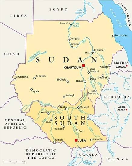 A map of South Sudan showing Sudan to its north 