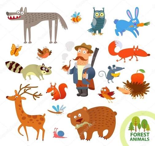 Stáhnout - Set funny forest little animals. Funny cartoon character. Hunter, hare, owl, wolf, raccoon, squirrel, deer, bear, hedgehog, mouse, fox. Vector illustration. Isolated on white background — Ilustrace