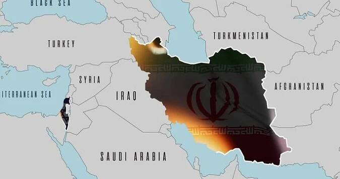 Crisis between Israel and Iran, map of states in the colors of national flags.
