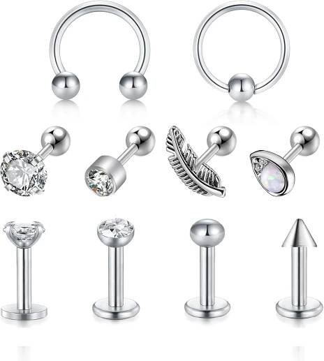 LAURITAMI 10 pcs Piercing Pendientes Cartílago Helix Tragus Aros Perno Barbell 6mm 16G Acero Inoxidable Diamante CZ Joyas Mujeres