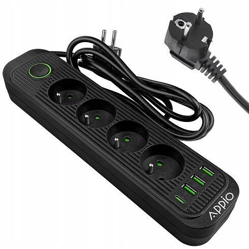 PRODLUŽOVACÍ KABEL APPIO zásuvková lišta 2 m 4 zásuvky + 3x USB + 1x USB C