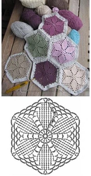 crochet patterns and instructions for the hexagonal granny potholder, which has been
