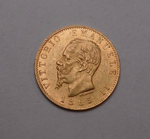 Zlatá 20 Lira 1865 - Viktor Emanuel III. - Itálie