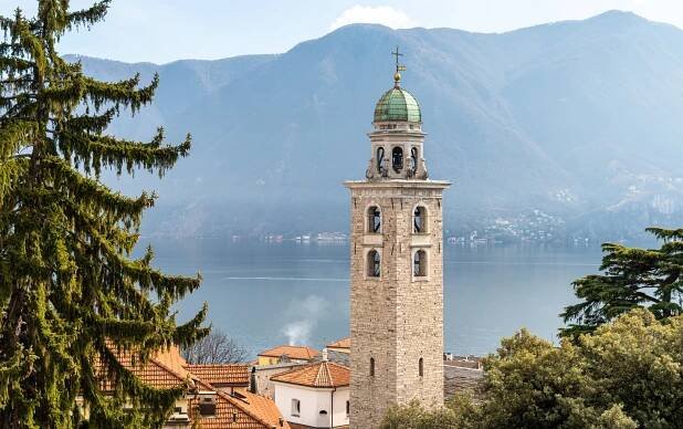 Bell tower of Saint Lawrence Cathedral in Lugano