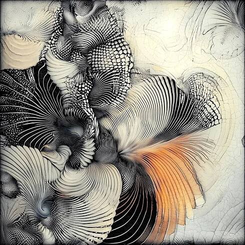 an abstract painting with black, white and orange colors