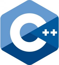 C++ programming language logo, white text 'C++' in shaded blue hexagon