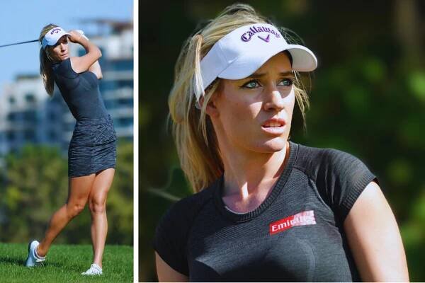 Paige Spiranac of the United States readies for the strike at the fifth fairway during the round two of Omega Dubai Ladies Masters golf tournament in Dubai.