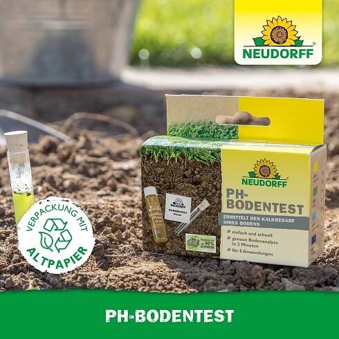 Neudorff PH-Bodentest-Set zur Kalkbedarfsermittlung mit Teströhrchen und Verpackung.