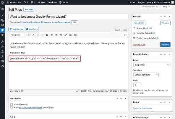 add gravity form to page classic editor