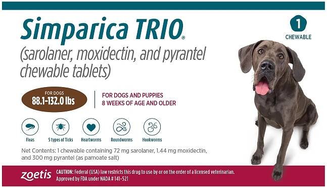 Simparica Trio Chewable Tablets for Dogs - 88.1-132 lbs, Brown Box