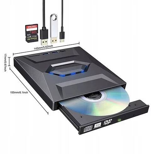 EXTERNÍ ZAPISOVAČ CD/DVD DISK RW 5V1 USB 3.0 S ČTEČKOU KARET SD/TF Technologie M-DISC bez