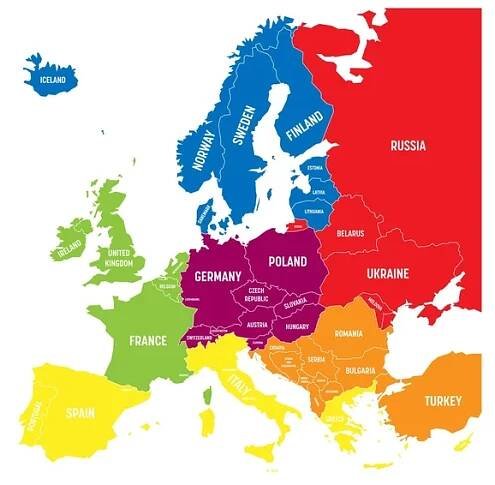 Šesti zeměpisných oblastí Evropy - jihovýchodní, Jižní, západní, střední, východní a severní. Plochá politické Vektorová mapa s popisky — Ilustrace