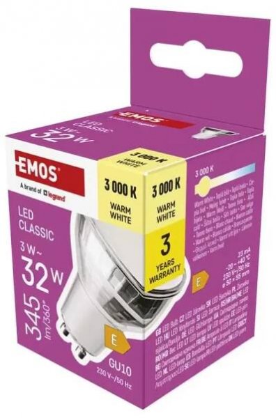EMOS LED CLS MR16 3W(32W) 345Im GU10 sklo WW/ ZQ8E17 : Vhv-eshop.cz
