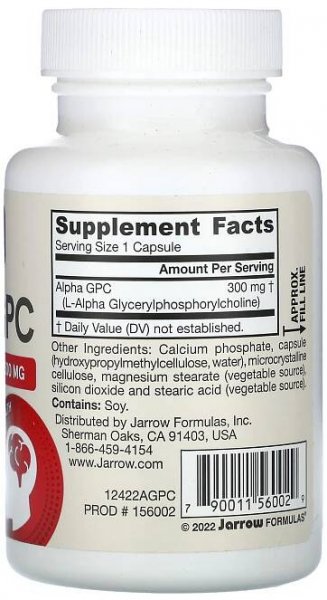 Jarrow Formulas, Alfa GPC, 300 mg, 60 rostlinných kapslí 
