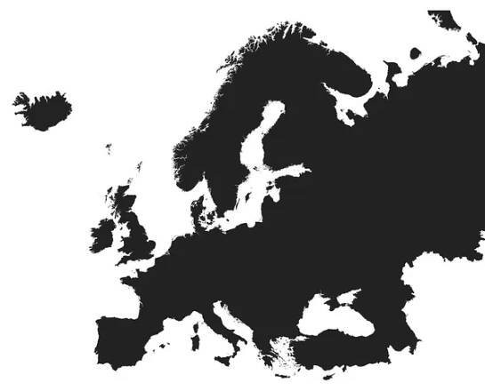 BLACK CMYK barva detailní plochá šablona mapa kontinentu EUROPE (s okraji země) na průhledném pozadí — Ilustrace