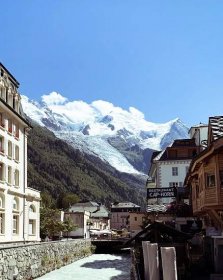 Chamonix town buildings with mountains in backdrop