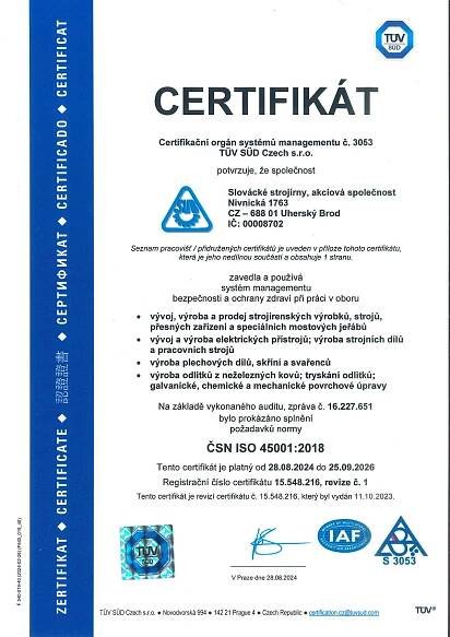 Certifikace - Slovácké strojírny, a.s.