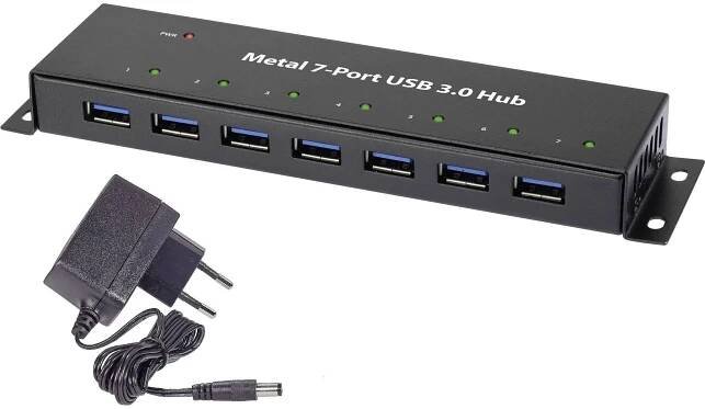 Renkforce RF-3955359 7 portů USB 3.0 hub pro montáž na zeď, kovový ukazatel černá