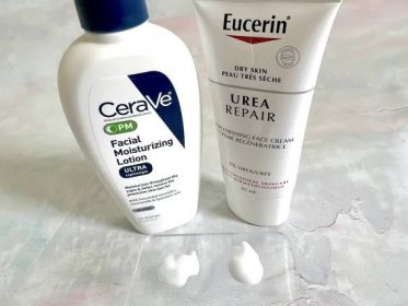 CeraVe PM Facial Moisturizing Lotion vs Eucerin Dry Skin Urea Repair bottles and samples on clear spatula.