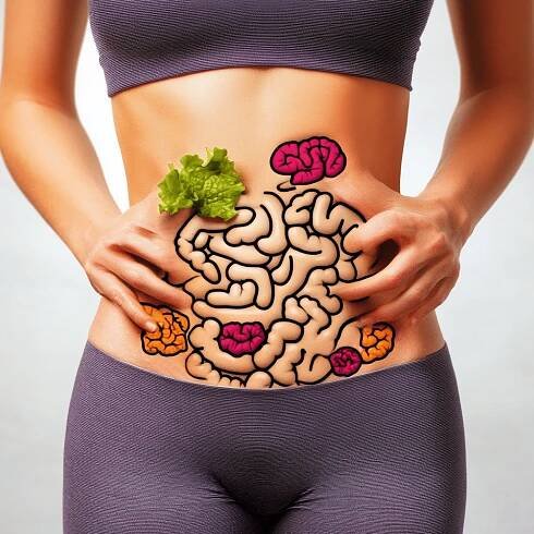 Gut Microbiota – Happy gut concept with smiling cartoon intestines and beneficial bacteria icons.