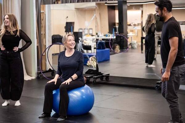 Rebecca Gibney during rehearsals for Circle Mirror Transformation with Jessie Lawrence (left) and Nicholas Brown. 