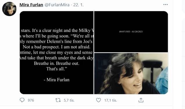 Rodina o smutné události informovala na jejím twitterovém profilu.