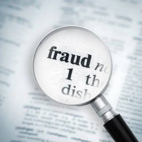 Photo of a magnifying glass hovering of the word Fraud on a page