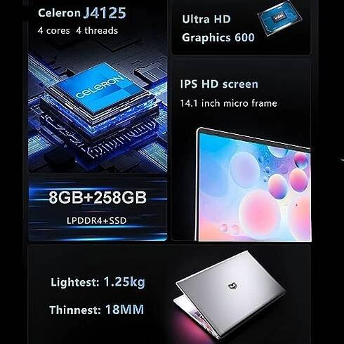KUU notebook, 8GB LPDDR4 256GB SSD ROM Window 11 Pro 14,1 palcový PC notebook, procesor Celeron J4125 HDMI USB 3.0 2.0 WiFi Blue