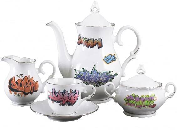 Kávová sada Ofélie 15 dílná (Graffiti) platina | Kávové soupravy | VIVA PORCELÁN - PORCELÁNOVÁ MANUFAKTURA