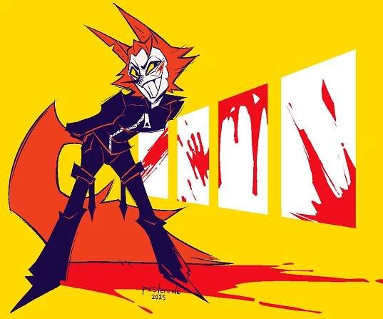 A digital illustration of Ren Hana (as he appears in The Price of Flesh) in a simplified, more cartoony art style. Ren is to the left of the canvas, leaning forward and flashing the viewer a toothy grin as he holds his arms behind his back. Underneath Ren is a puddle of blood and to his right are four white rectangles going back in space, giving the illusion of perspective. Each rectangle is covered in blood which is splattered, smeared or dripping across the rectangles in various ways.