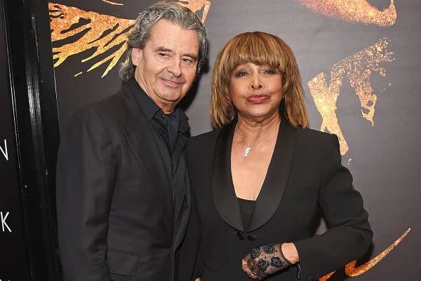 Erwin Bach and Tina Turner arrive at the press night performance of "Tina: The Tina Turner Musical" at the Aldwych Theatre on April 17, 2018 in London, England.
