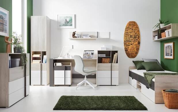 Dětský / studentský pokoj REMO bílý mat / dub wilton / antracit, sestava F  - 1