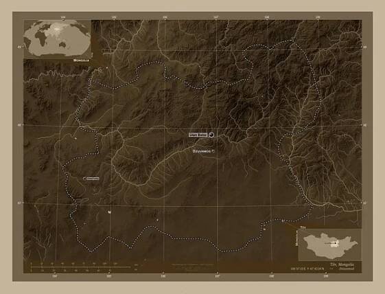 Tov, provincie Mongolsko. Zdvihová mapa zbarvená sépiovými tóny s jezery a řekami. Umístění a názvy velkých měst v regionu. Pomocné mapy polohy rohu — Stock obrázek