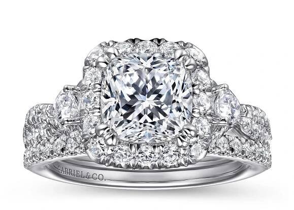 Draymond - Art Deco 14K White Gold Cushion Three Stone Halo Diamond Engagement Ring