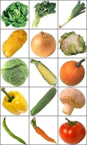 several different types of vegetables arranged in squares