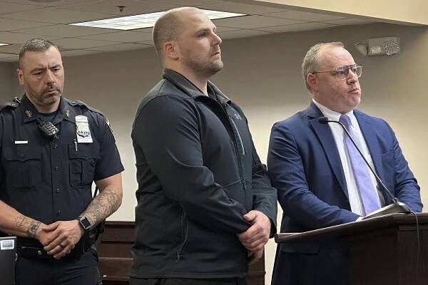 Christopher Walrath, center, appears in a Oneida County courtroom Monday to enter a guilty plea for manslaughter in the December 2024 death of inmate Robert Brooks.