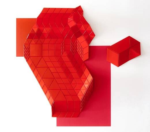   red (large) with double cube   2018  basswood, linen, acrylic  54"h x 34"w x  5"d   