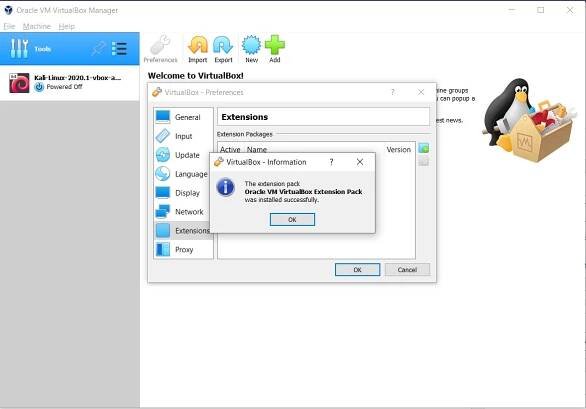 VirtualBox Extension pack Installation - success message
