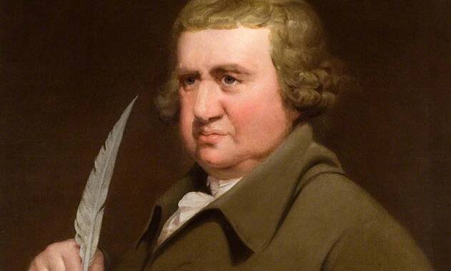A painting of a man with curly hair holding a quill pen, wearing an olive-green coat over a white shirt, looking to the left.