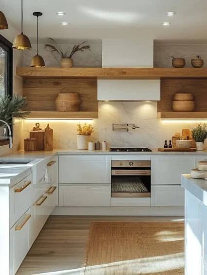 a kitchen with white cabinets and wooden shelves