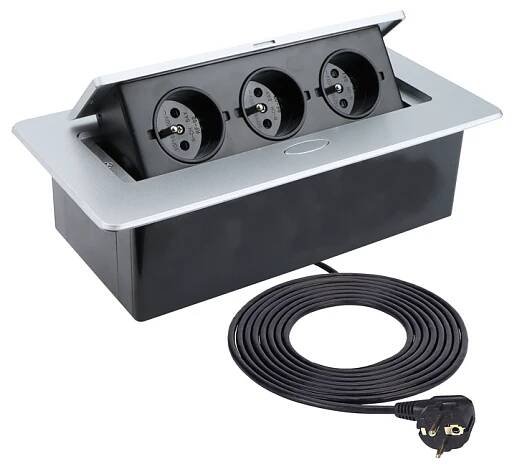 Výklopný blok zásuvek, 3x 230V / 16A, zaoblené hrany, kabel 1.5m, barva stříbrná
