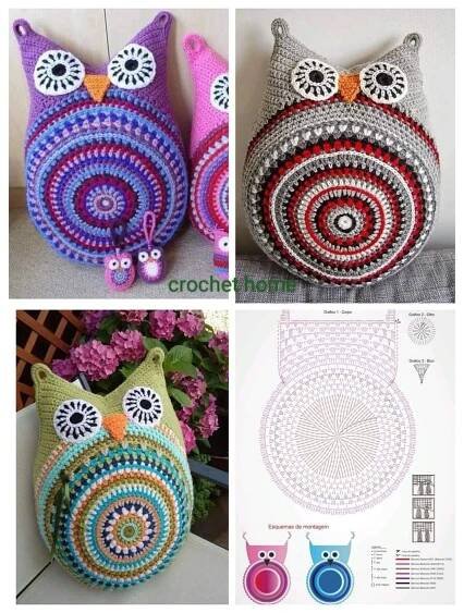 crocheted owl purses are shown in three different pictures
