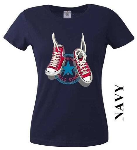 Levné bavlněné dámské tričko s potiskem tenisek Converse