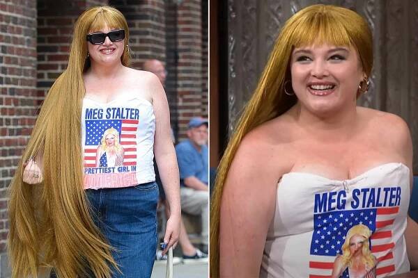 Meg Stalter Makes a Statement with Super-Long Hair and Custom Shirt She Sewed en Route to 'The Late Show'