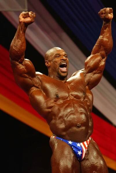 Ronnie Coleman celebrates winning his fourth consecutive Mr. Olympia contest on Oct. 27, 2001.